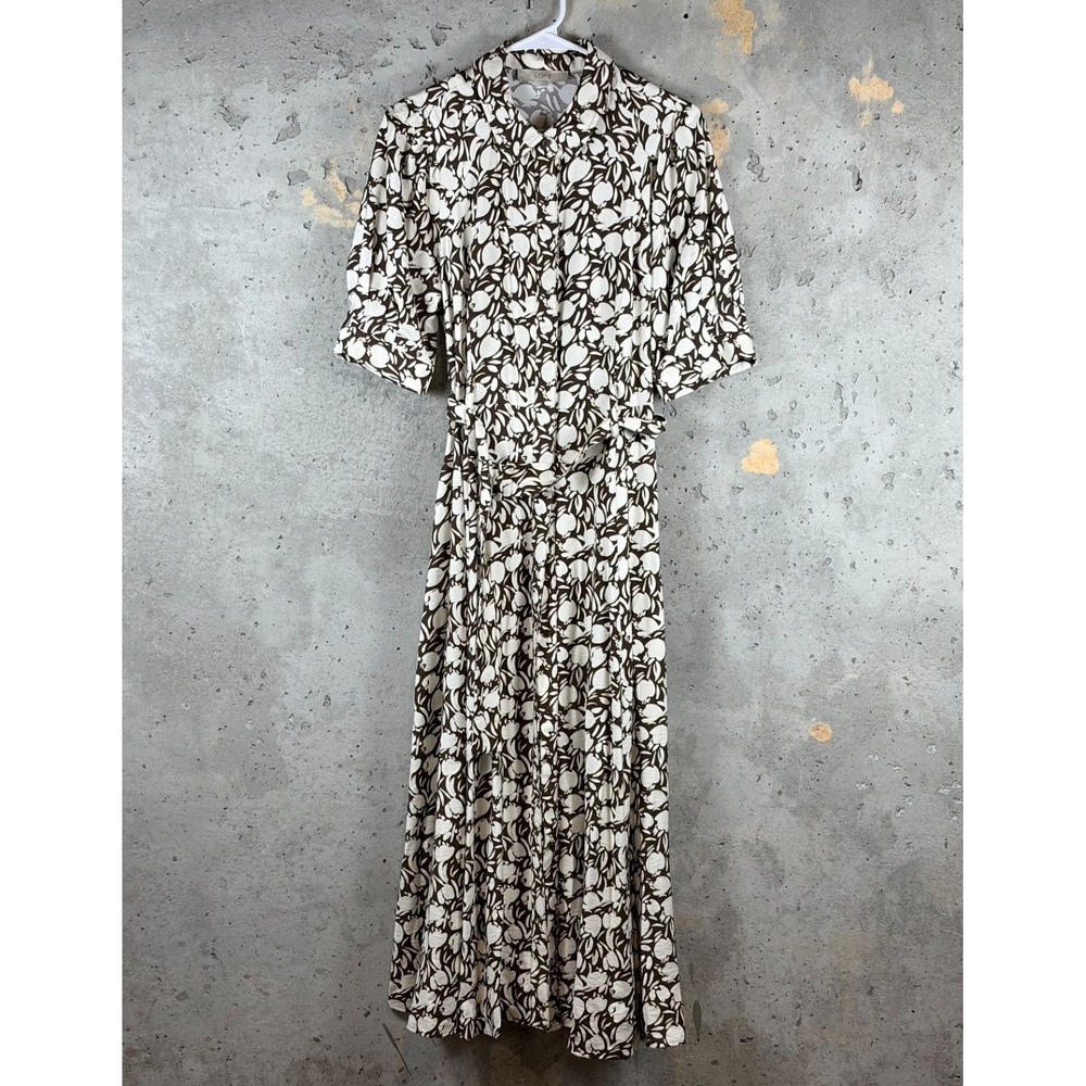 LOFT Maxi Dress Women 8 Brown White Floral Rayon Belted Half Sleeve Button Front